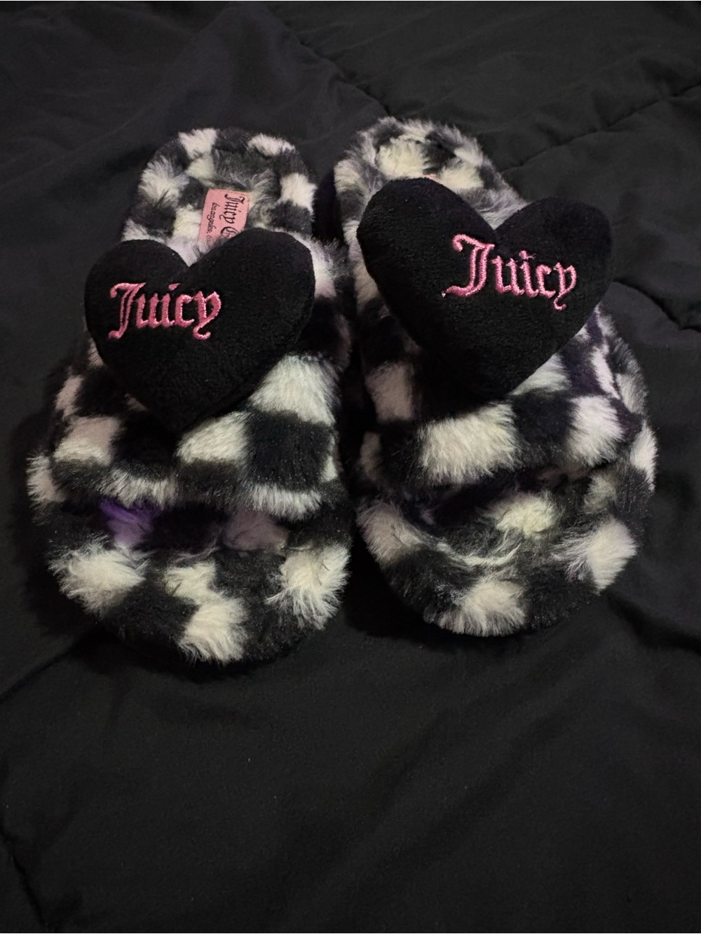 Juicy Couture Black & White Checkered Fuzzy Slippers with Pink Heart Logo